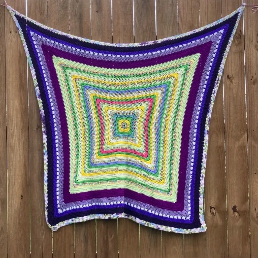 Small Handmade Crocheted Throw Blanket 54” x 52” Purple Green Yellow Pink